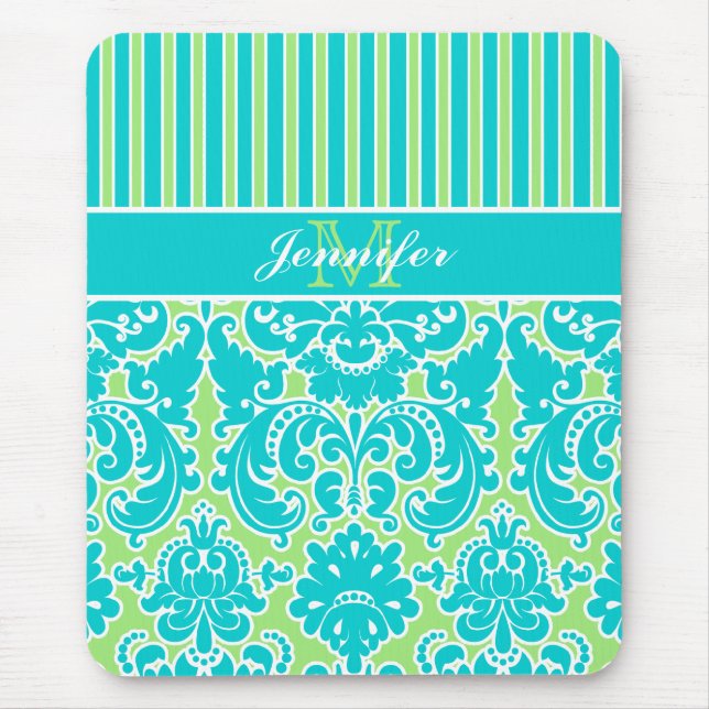 Tapis De Souris Blue Green White Striped Damask Monogram Mousepad (Devant)