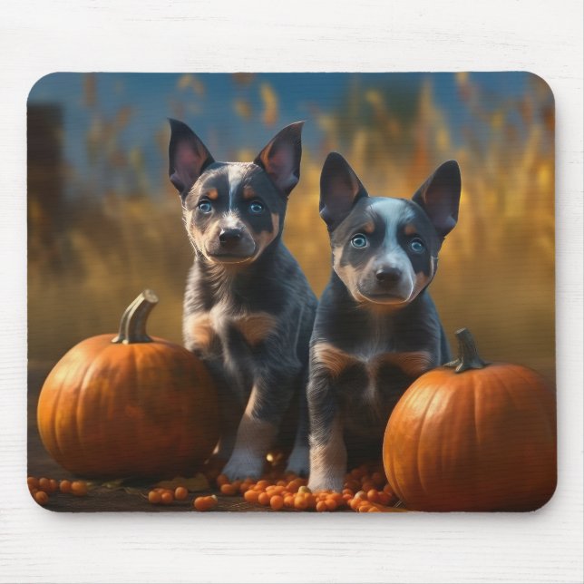 Tapis De Souris Blue Heeler Chiot Automne Citrouille de plaisir (Devant)