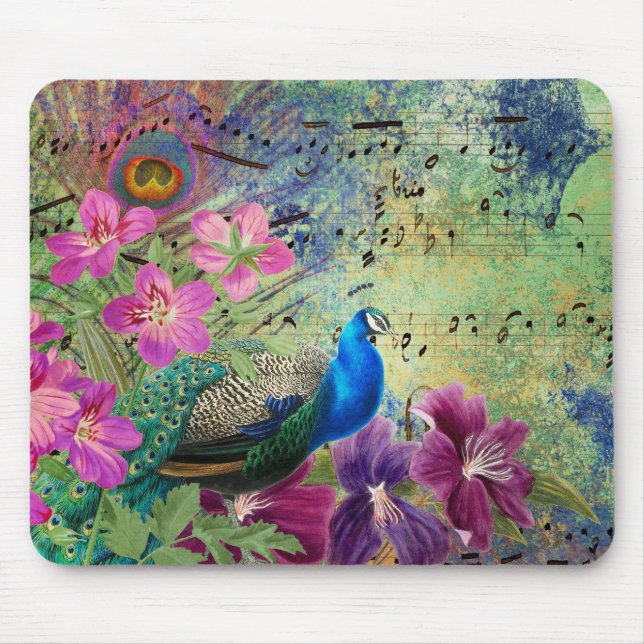 Tapis De Souris Blue Peacock Purple Pink Flowers Notes musicales (Devant)