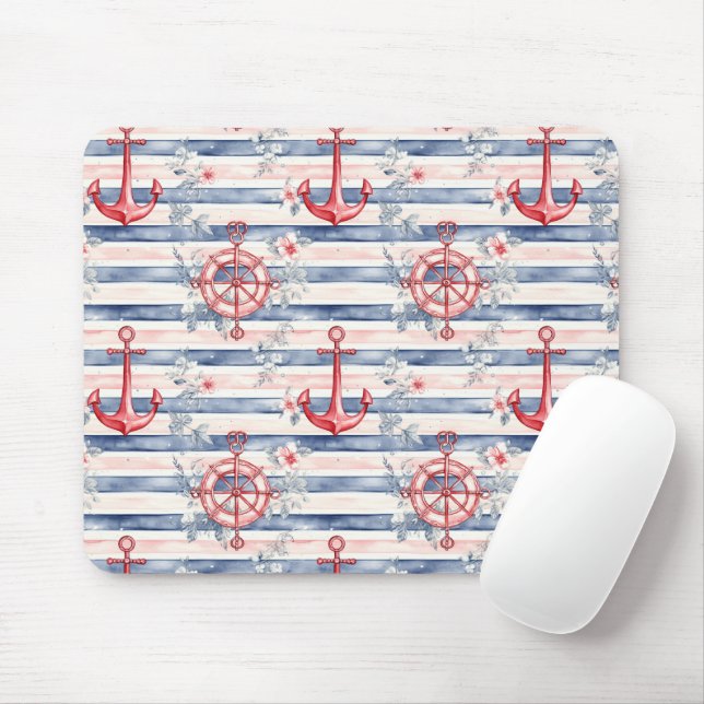Tapis De Souris Blue Red Anchors Floral Stripes Beach  (Avec souris)