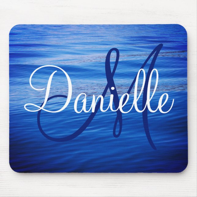 Tapis De Souris Blue Water Photo Dark Blue and White Monogramme (Devant)
