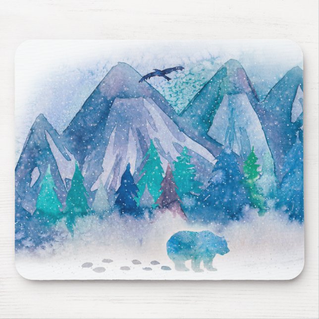Tapis De Souris Blue Watercolor Winter Mountain Landscape Art (Devant)