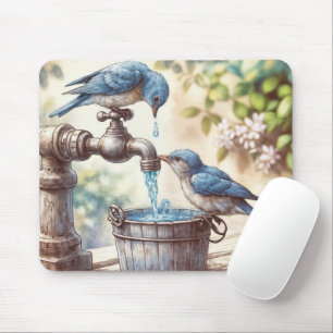 Tapis De Souris Bluebirds avec un vieux faucet et seau