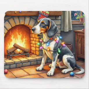Tapis De Souris Bluetick Coonhound Cheminée avec Lumières de Noël