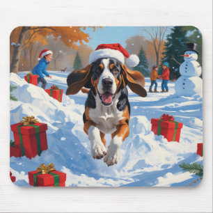Tapis De Souris Bluetick Coonhound courant dans la neige avec Noël