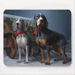 Tapis De Souris Bluetick Coonhound enneigé traîneau décor de Noël