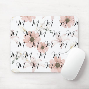 Tapis De Souris Blush Fleurs Art Monogramme Aquarelle Rose