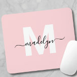 Tapis De Souris Blush Pink Modern Script Name Monogram<br><div class="desc">Personalized Blush Pink Initial Monogram Mouse Pad. Add a touch of elegance to your workspace with this stylish mouse pad. Featuring a soft blush pink background, a crisp white initial letter, and a sleek black script name, this design is perfect for anyone who loves a feminine and luxurious look. Ideal...</div>
