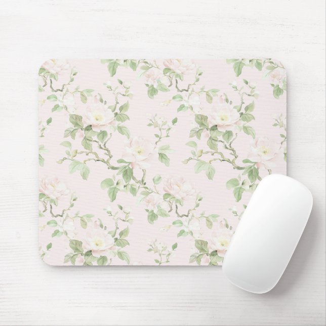 Tapis De Souris Blush Rose Blanc Floral Romantique  (Avec souris)