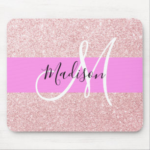 Tapis De Souris Blush Rose Glitter Monogramme Rose Doré Pailleté