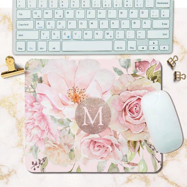 Tapis De Souris Blush Rose Gold Floral Monogrammé  (In situ)