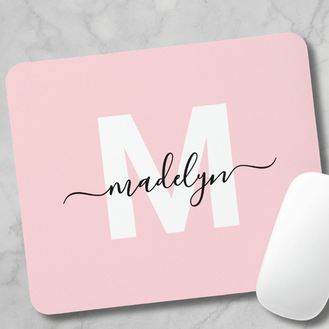 Tapis De Souris Blush rose moderne Nom du script Monogramme (Blush Pink Modern Script Name Monogram Mouse Pad )