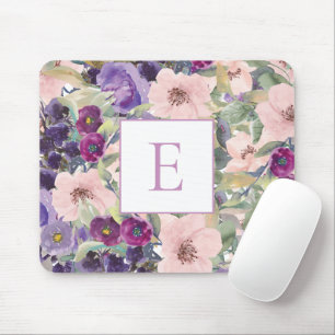 Tapis De Souris Blush rose violet monogramme floral aquarelle