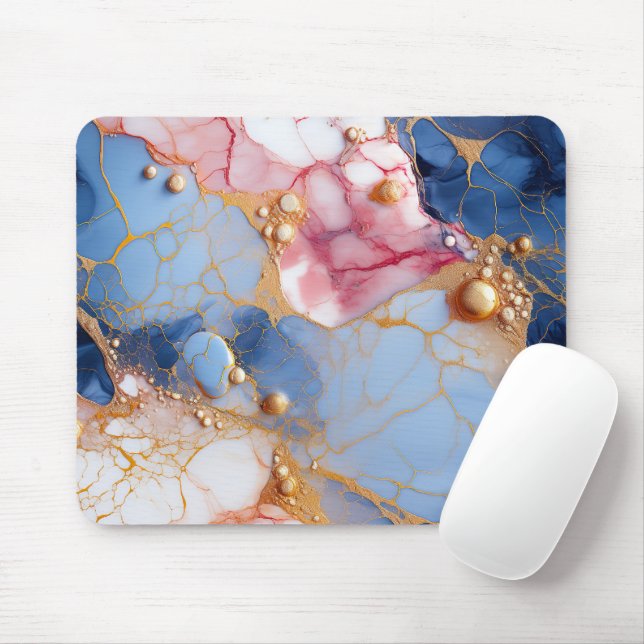 Tapis De Souris Blush & Sapphire Marble with Golden Pearls (Avec souris)