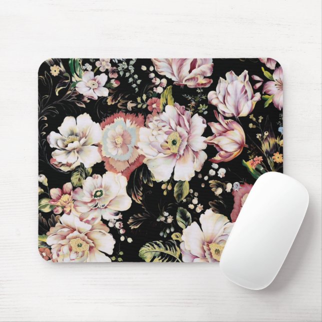 Tapis De Souris bohème chic rose pâle fleurs sombres floral (Avec souris)