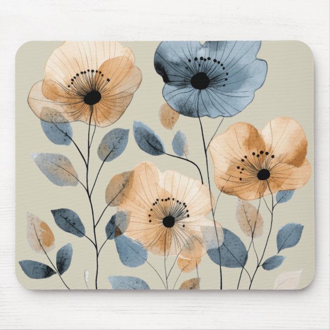 Tapis De Souris Boho Aquarelle Florale Bleu Pêche (Devant)