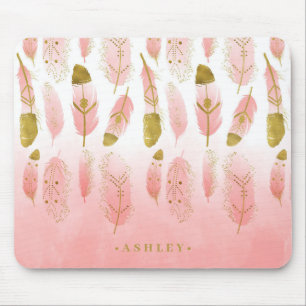 Tapis De Souris Boho Blush Pink & Gold Feathers Ombre Personnalisé
