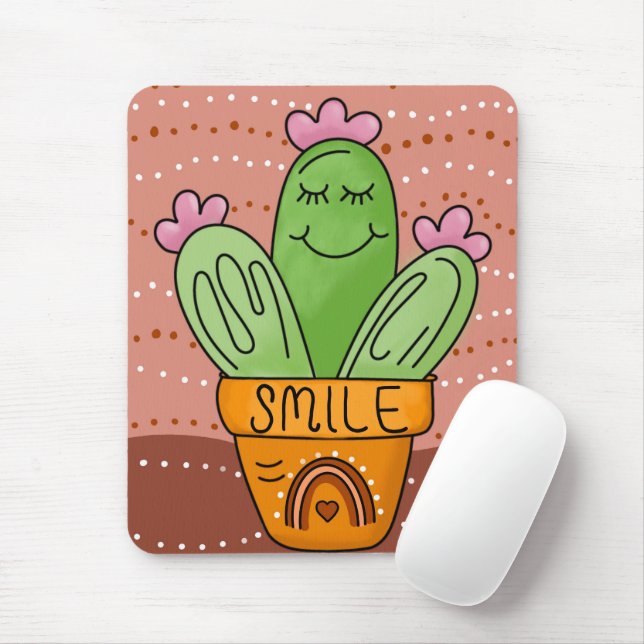 Tapis De Souris Boho Cactus Sourire mignon arc-en-ciel (Avec souris)