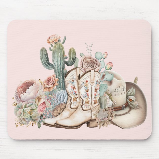 Tapis De Souris Boho désert cowgirl cowboy bottes de cowboy casque (Devant)