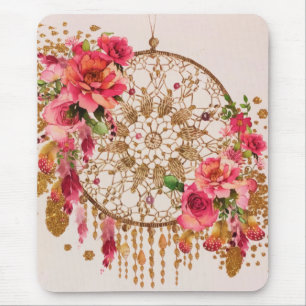 Tapis De Souris Boho Dreamcatcher Gold Floral Aquarelle