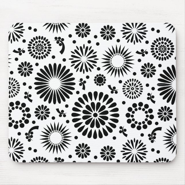Tapis De Souris Boho fleurs Motif floral vectoriel noir et blanc (Devant)