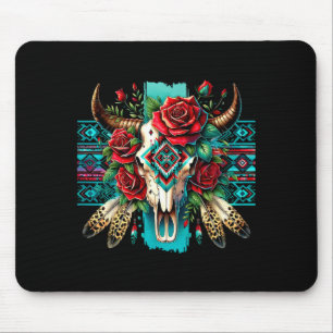 Tapis De Souris Boho floral crâne de taureau roses aztèque cowgirl