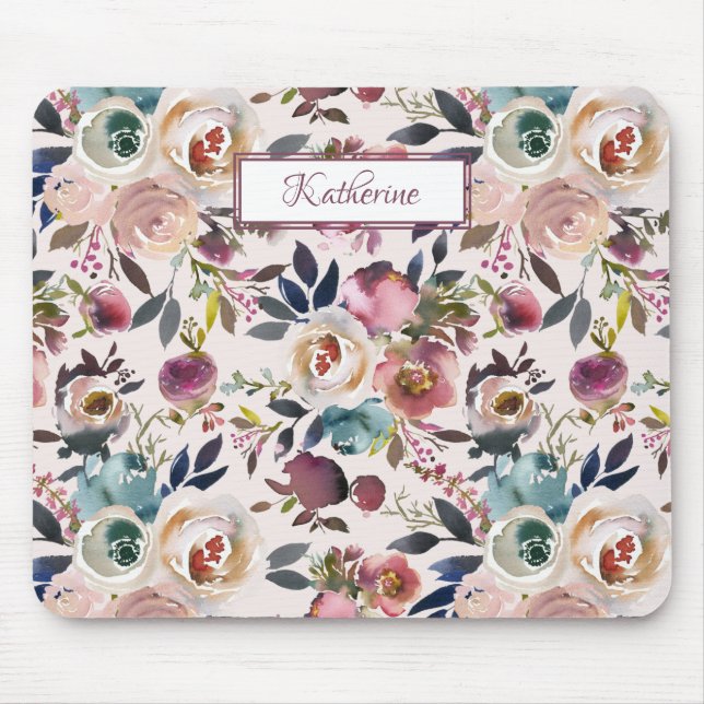 Tapis De Souris Boho Nommé Roses Peints Rose Bleu (Devant)