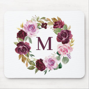 Tapis De Souris Boho romantique Purple Fall Floral Wreath Monogram