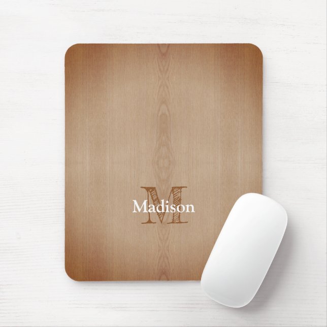 Tapis De Souris Bois brun clair brûlé grain personnalisé Monogramm (Avec souris)