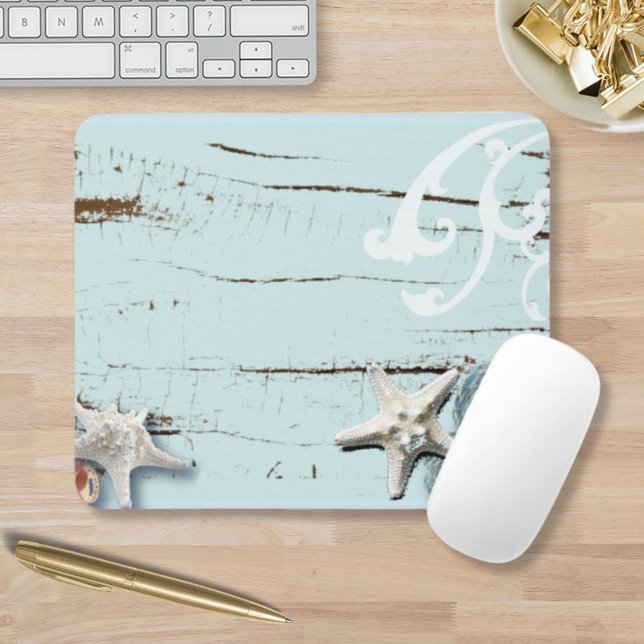 Tapis De Souris Bois chic côtier aqua bleu étoiles de mer (Coastal chic wood aqua blue starfish seashells mouse pad)