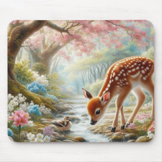 Tapis De Souris Bois de printemps avec canard et faon/cerf (Devant)