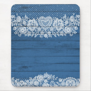 Tapis De Souris Bois rustique bleu et dentelle blanche ferme chic