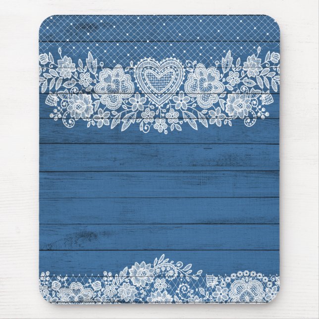 Tapis De Souris Bois rustique bleu et dentelle blanche ferme chic (Devant)