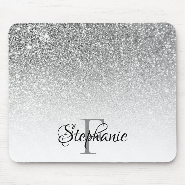 Tapis De Souris Bokeh Silver Grey Glitter White Ombre Monogram (Devant)