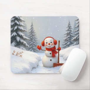 Tapis De Souris Bonhomme de neige agitant une pelle rouge