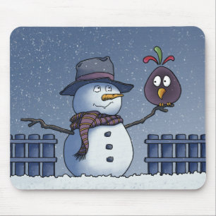 Tapis De Souris Bonhomme de neige avec oiseau