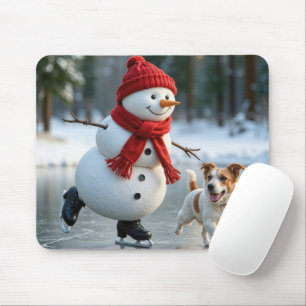 Tapis De Souris Bonhomme de neige patinant avec un chien