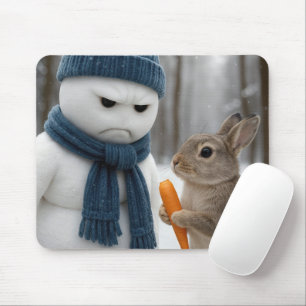 Tapis De Souris Bonhomme de neige renfrogné avec un lapin