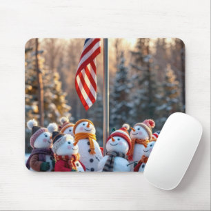 Tapis De Souris Bonhommes de neige regardant le drapeau américain