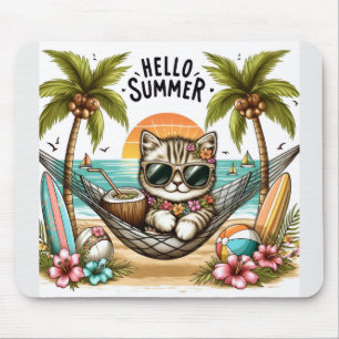 Tapis De Souris Bonjour Chat de Plage d'Été