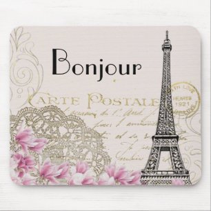 Tapis De Souris Bonjour Vintage Tour Eiffel Collage avec Fleurs