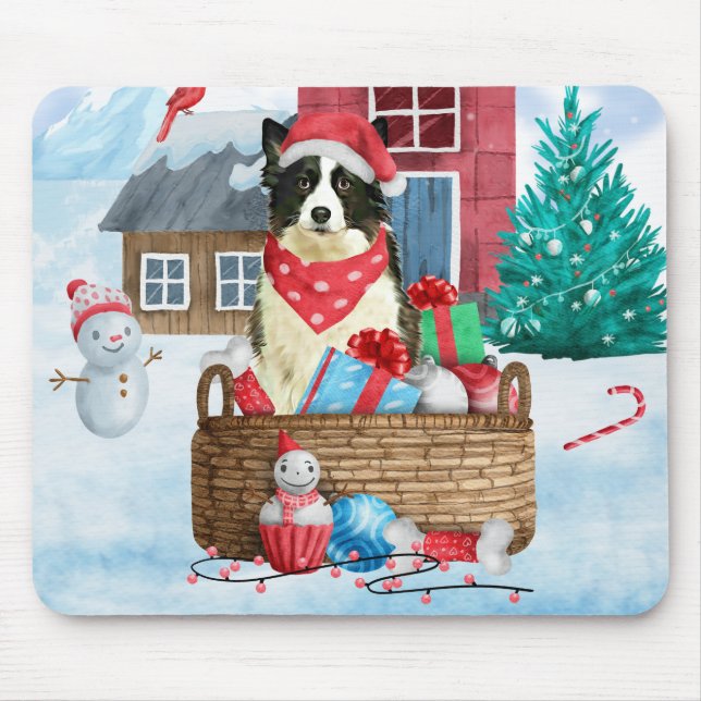 Tapis De Souris Border Collie Chien Dans Maison de Noël enneigée (Devant)