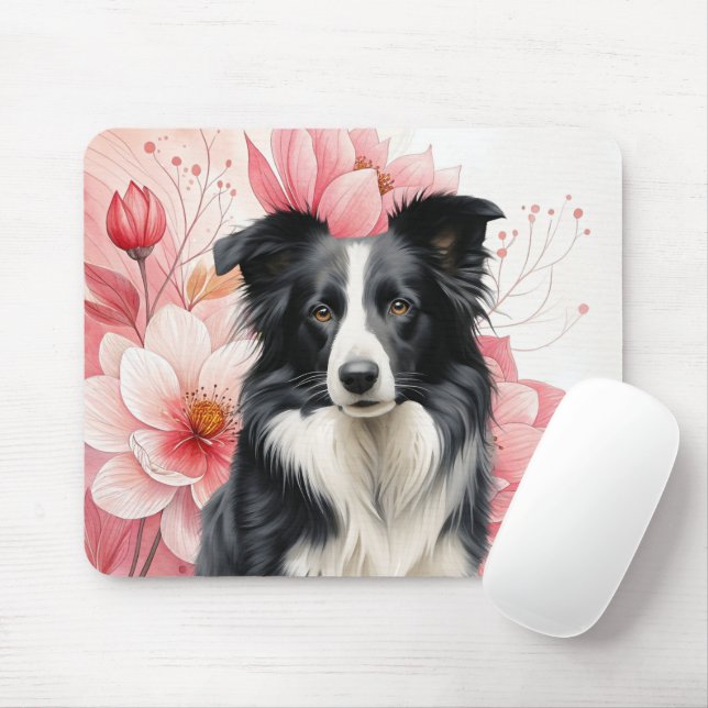 Tapis De Souris Border Collie Dog and Bold Pink Lilies (Avec souris)