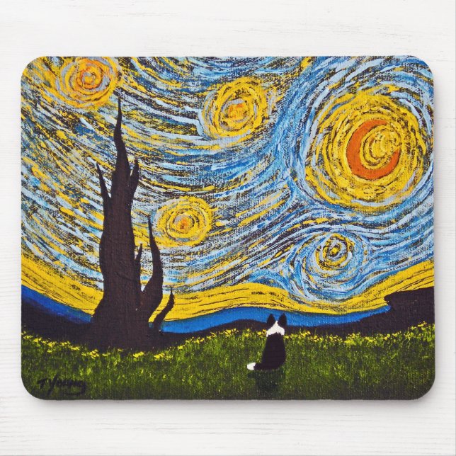 Tapis De Souris Border collie sous un ciel de Van Gogh (Devant)