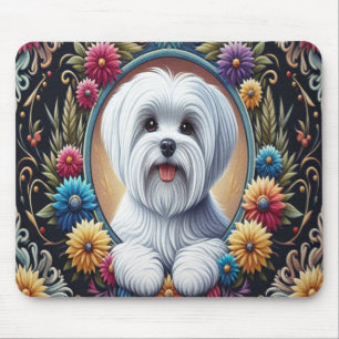 Tapis De Souris Bordure colorée et fleurie de chien maltais élégan