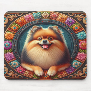 Tapis De Souris Bordure colorée florale de chien de Poméranie élég