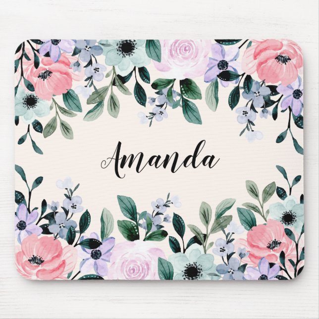 Tapis De Souris Bordure florale rose violet et vert (Devant)