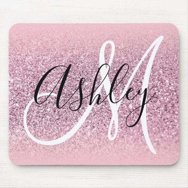 Tapis De Souris Bordure Ombrée Rose Pastel avec Monogramme Paillet (Devant)