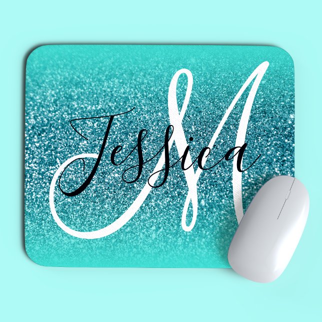 Tapis De Souris Bordure Turquoise Ombrée Glitter Monogramme Sarcel (Créateur téléchargé)