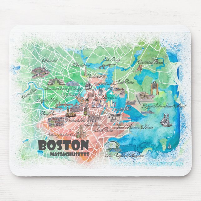 Tapis De Souris Boston Massachusetts USA Illustration Carte & rout (Devant)